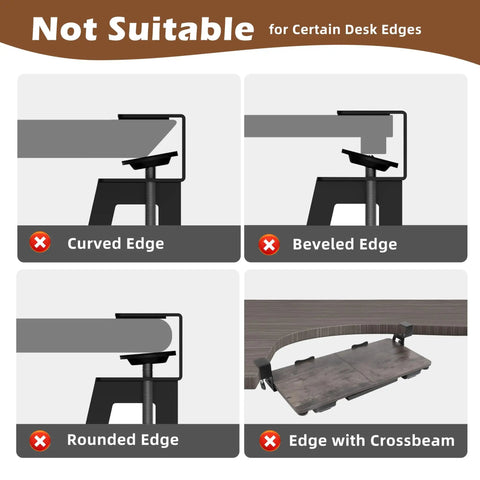 Diagram showing desk edge types not suitable for Under Desk Keyboard Tray With Storage Drawer, Heavy Duty Clamp Mount.
