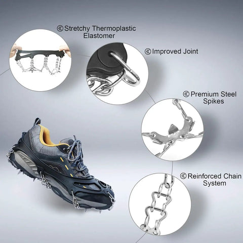 Beefy Ice Cleats Snow Grips With 19 Stainless Steel Spikes for Hiking Fishing Walking Large Size, showing cleat details