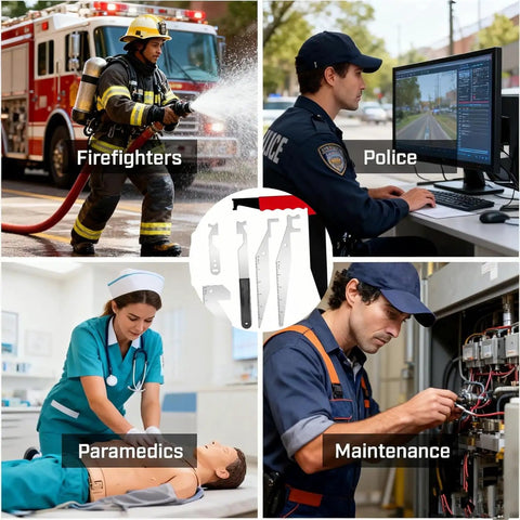 6-Piece Heavy-Duty Firefighting Multi-Tool Go-To Kit For First Responders, Emergency Rescue Gear For Warehouse And Home, Built Tough Spring Steel Build With L-Shaped Lever Design And Finger-Saver Rubber Grip, shown with firefighters, police, paramedics, maintenance