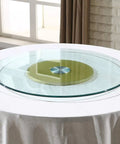 Heavy Duty Tempered Glass Lazy Susan Turntable on dining table, showcasing 360 degree smooth spin round clear glass tray, 47 inch