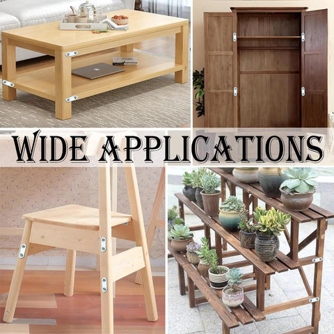 Furniture with 20 Pieces Stainless Steel Straight Brace Brackets 2 Inch Flat Mending Plates for repair and joining, shown in use on various applications.