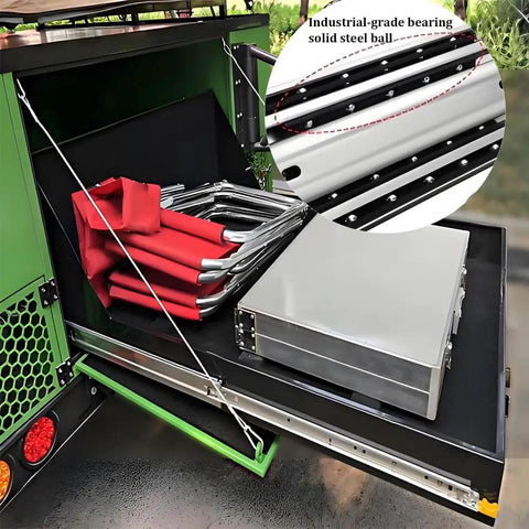 Open tool box showing Locking Drawer Slides Built To Last 500 Lb Load Capacity Side Mount Full Extension Ball Bearing Rails