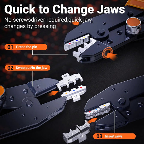 Close-up of crimping tool kit with six interchangeable jaws quick change ratchet crimper with pressure knob adjustment.
