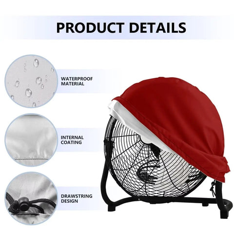Heavy Duty Claret Red Fan Cover Built Like A Tank For 24 Inch Round Pedestal Floor And Wall Mount Industrial Fans, showing waterproof material and drawstring design.