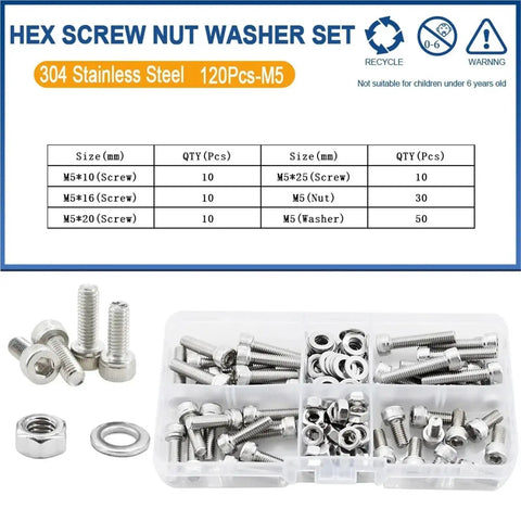 304 Stainless Steel Hex Socket Cap Head Screw Kit With Bolts Nuts And Washers M2 Through M6 DIN912 Boxed Set For DIY Projects And Reliable Electrical Connections, M5 kit