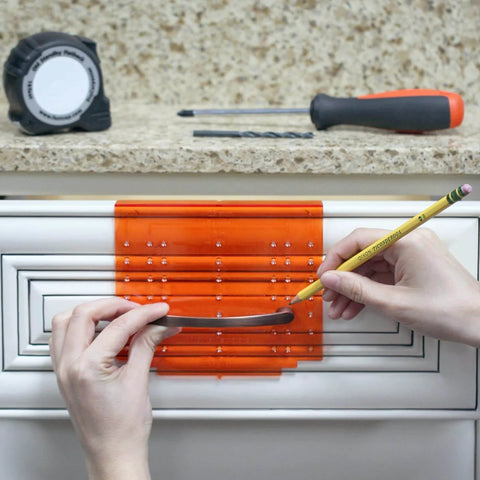 DIY Friendly No-Fuss All In One Cabinet Door And Drawer Drill Mounting Template For Precise Knob And Pull Installation shown in use.