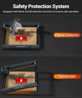 WIZMAKER laser engraver desktop with 12W laser; flame detector and gyroscope safety features shown.