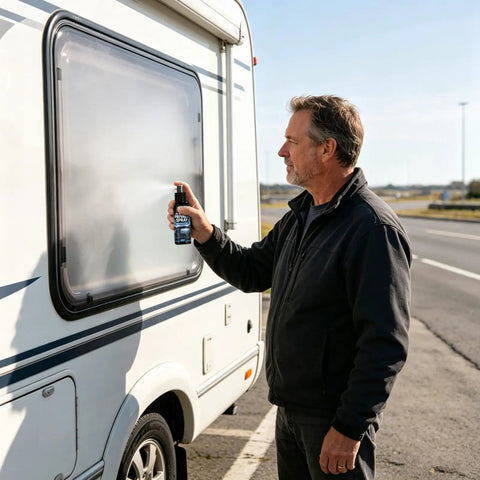 Man applying Glass Frosting Spray 30ml Portable Anti-Glare Privacy Liquid on RV window for privacy.