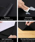 Black Peel And Stick Wallpaper 17 Inch By 240 Inch Matte Black Contact Paper Removable Waterproof Vinyl for cabinets, showing texture, cleanable surface, self-adhesive backing, and strong hiding power.