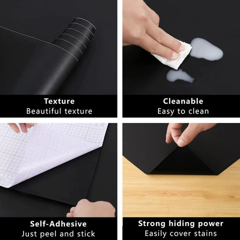Black Peel And Stick Wallpaper 17 Inch By 240 Inch Matte Black Contact Paper Removable Waterproof Vinyl for cabinets, showing texture, cleanable surface, self-adhesive backing, and strong hiding power.