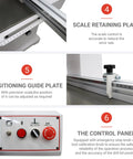 EQCOTWEA 110V pneumatic hinge drilling machine showing scale retaining plate, positioning guide, control panel.