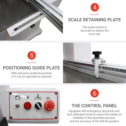 EQCOTWEA 110V pneumatic hinge drilling machine showing scale retaining plate, positioning guide, control panel.