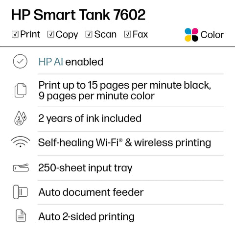 HP Smart Tank 7602 features: AI enabled, 15ppm black, 9ppm color, 2 years ink, wireless, 250-sheet, auto feeder, 2-sided printing.