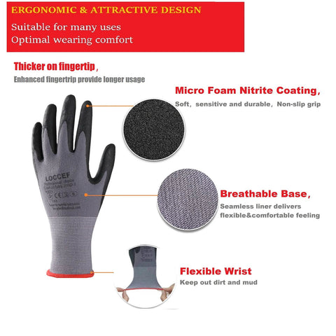 Front view of LOCCEF safety work glove, seamless grey knit with black micro-foam nitrile coating, 12-pair pack.