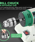 Close-up of drill chuck with jaw tightening key on Go To Bench Buffer Polisher Kit With Adjustable Speed For Jewelry Making And DIY Projects