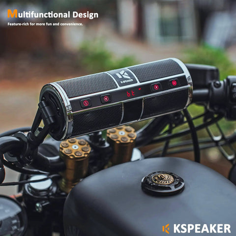 Beefed Up Dual Motorcycle Bluetooth Speakers Waterproof Radio Audio System With Built In Amplifier For ATV Scooter Bike 12 Volt Vehicle 3 Inch Metal MP3 Player Unit mounted on handlebars