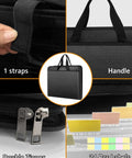 Collage of Beefed Up Fireproof Document Organizer Folio With 13 Pockets Zippered Accordion File Box showing handle, strap, zipper, labels