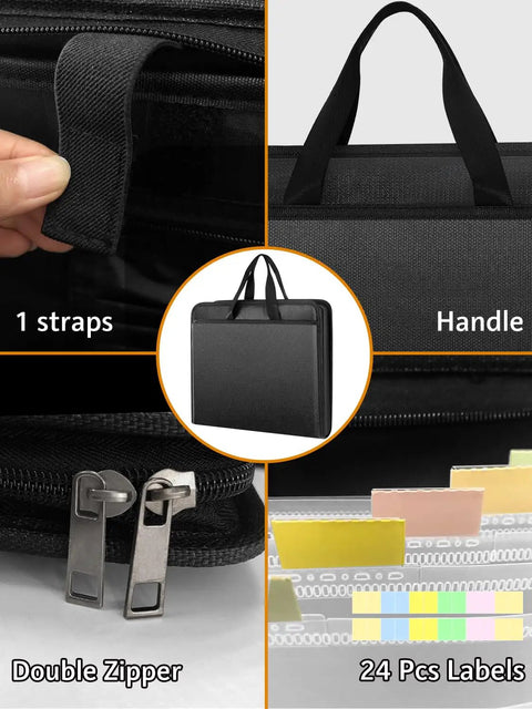 Collage of Beefed Up Fireproof Document Organizer Folio With 13 Pockets Zippered Accordion File Box showing handle, strap, zipper, labels