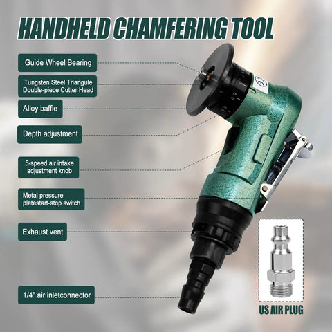 Aepiraza 2 In 1 Pneumatic Air Chamfer Tool Deburring Machine showing guide wheel bearing, cutter head, and air inlet features.