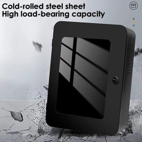 Heavy Duty EV Charger Enclosure Wall Mount Station Box With IP65 Waterproof Rain Protection And Kickass Weatherproof Steel Housing For Electric Vehicles Black, showcasing a black steel housing with a clear viewing panel.