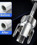 Cuthollow Comprehensive Pipe Threading Tool Set With Three Reamer Drill Bits And Matching Threaders For Pvc Plumbing Repair Fits Electric Drills. Before and after images of PVC pipe threading.