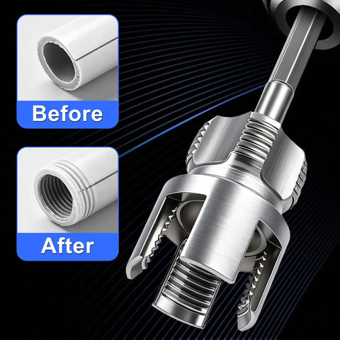 Cuthollow Comprehensive Pipe Threading Tool Set With Three Reamer Drill Bits And Matching Threaders For Pvc Plumbing Repair Fits Electric Drills. Before and after images of PVC pipe threading.