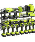 Heavy Duty Power Tool Wall Mount Organizer With 4 Tier Shelves And 8 Drill Holders, Supports Up To 300Lbs, Ideal Garage Workshop Basement Storage, Black.