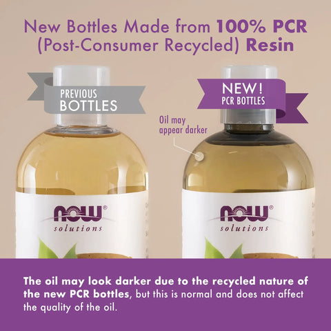 Comparison of NOW Solutions oil bottles, previous vs new pure vegetable glycerin 100 percent hydration for skin care, 4 ounce.