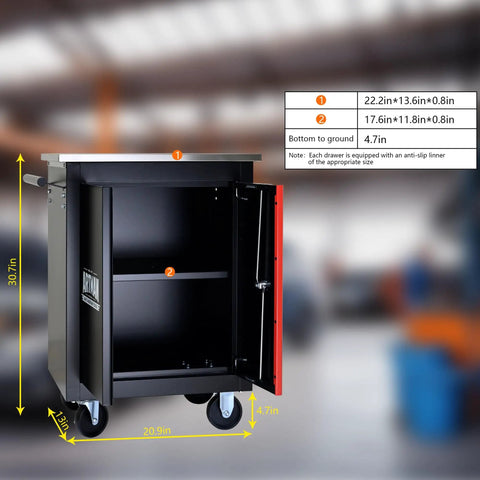 Rolling Tool Cart With Double Doors Lockable Partition And Stainless Steel Top, open cabinet view showing dimensions.