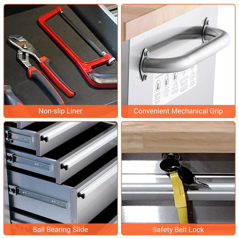 Heavy-Duty 72 Inch Mobile Tool Chest With Solid Wood Top Workbench, focus on drawer handles and safety lock features.