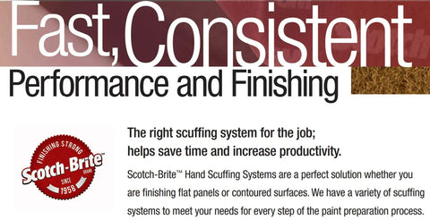 Text highlighting 'Fast, Consistent Performance and Finishing' with Scotch-Brite logo for Primer Prep Scuff Pad For E Coated Panels.