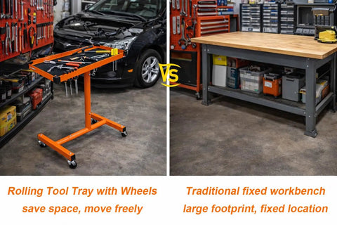 Comparison of Rock Solid Portable Rolling Work Table With Adjustable Telescoping Post 37.7 To 45 Inches with tool tray versus traditional workbench in garage.