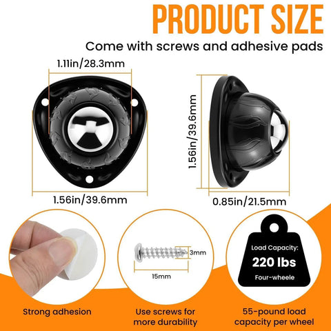 Heavy Duty Swivel Caster Wheels With Rock Solid Adhesive Tape For Quick Hook Up Smooth 360 Degree Spin, 1.56in size, supports 220 lbs.