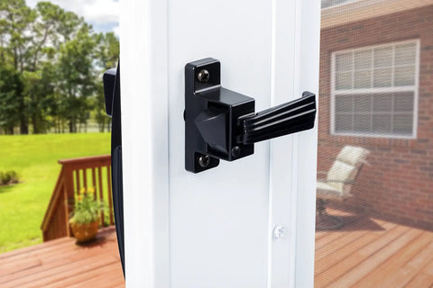 Push Button Door Latch For Screen And Storm Doors, Out Swing, 0.75 To 1.25 Inch Thick, No Lock Out Technology, Durable Black Finish