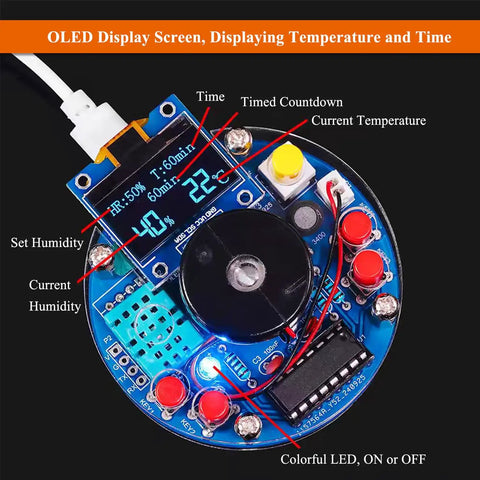 Hands On Humidity Controller DIY Kit With OLED Temperature Display Soldering Practice For Electronics Enthusiasts Learn Arduino Programming And Circuit Design Build A Real World PID Control Project showing OLED screen and components.