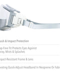 Stealth Safety Goggles With Clear Anti Fog Lens And Indirect Vent System side view showing neoprene headband and adjustable strap.