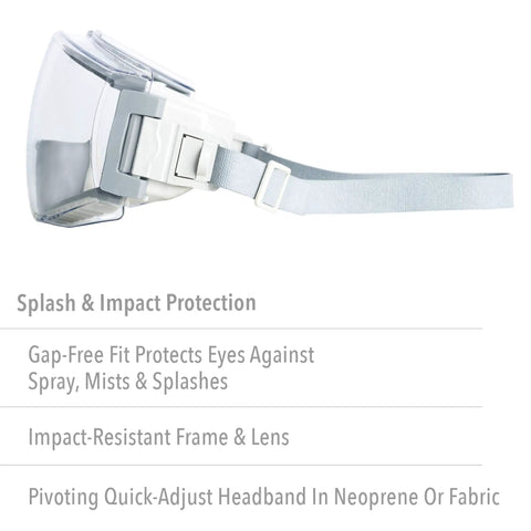 Side view of Stealth Safety Goggles With Clear Uvextreme Anti Fog Lens, gray frame and neoprene headband, protective eyewear.