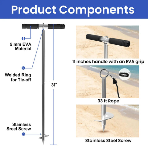 31 Inch Boat Sand Anchor Crafted From 316 Stainless Steel Screw In Shallow Water Design with EVA handle and 33 ft rope.