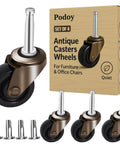 Image of Antique Style Furniture Casters Set Of Four with one and five eighths inch stem, rubber wheels, and packaging box.