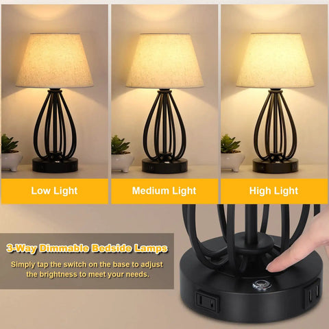 Touch Control Desk Lamp With USB And AC Outlets, 3 Level Dimmable Bedside Nightstand Light In Modern Black With Linen Shade, lighting levels shown.