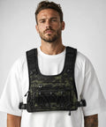 Man wearing Hands Free Tactical Chest Pack for Men Lightweight Hydration Bag With Gear Holder Reflective Outdoor Chest Pack