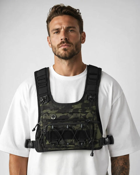 Man wearing Hands Free Tactical Chest Pack for Men Lightweight Hydration Bag With Gear Holder Reflective Outdoor Chest Pack
