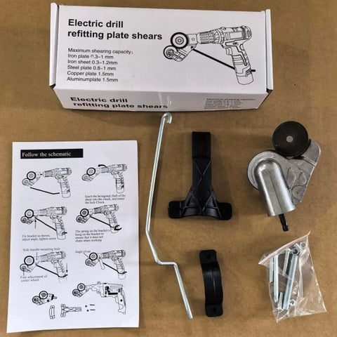 Beast Drill Nibbler Sheet Metal Cutter Attachment, components with electric drill fitting plate shears box and instructions