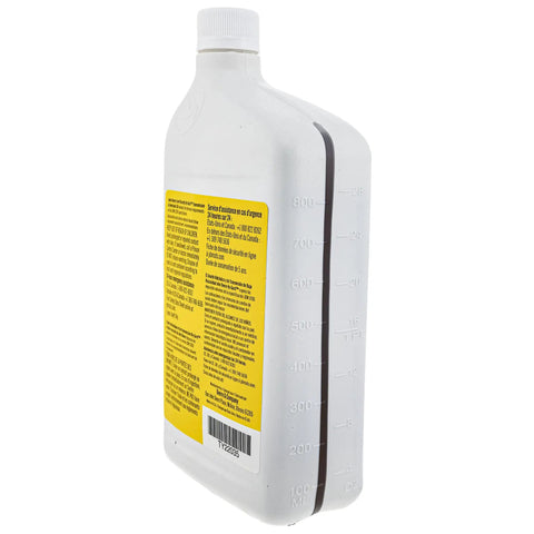 Side view of Hy-Gard Transmission And Hydraulic Oil 32 Oz TY22035 OEM grade fluid bottle showing volume markings and label.
