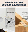 Rubber pad for overlay adjustment shown with half overlay soft close cabinet hinges, suitable for 1/2 to 5/8 inch coverage.