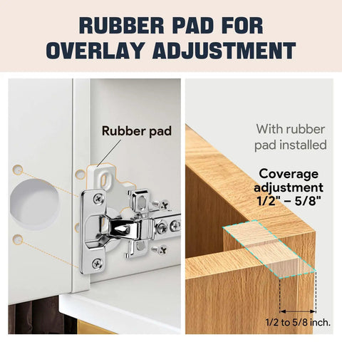 Rubber pad for overlay adjustment shown with half overlay soft close cabinet hinges, suitable for 1/2 to 5/8 inch coverage.