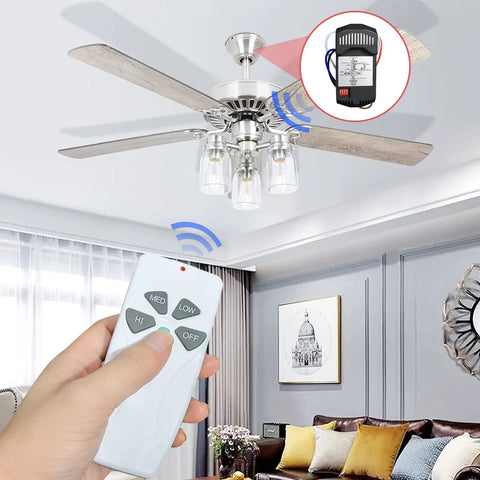 Two Pack Universal Ceiling Fan Remote Kit With Light Dimmer And Three Speed Receiver, remote control pointing at fan