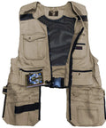 Mens Heavy Duty Work Vest With Organized Multi Pocket Tool Storage For Tradesmen And General Contractors Industrial Utility Jacket In Durable Khaki Beige Shade, open view showing pockets and mesh lining.