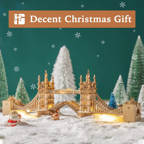 Tower Bridge 3D Puzzle Wood Craft Kit With LED Light DIY Construction Model for Teens in snow with Christmas decor