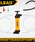 Gas siphon transfer pump kit with orange body, clear tubing, and needle valve/balloon adapters.